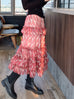 Coral Pink Abstract Print Tiered Ruffle Midi Skirt