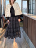 Black Ditsy Dots Print Tiered Ruffle Midi Skirt