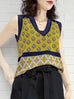 Citron Yellow Mosaic Pattern Knitted Sleeveless V-neck Sweater