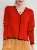 Red Contrast Scallop Trim Cashmere & Wool Cropped Cardigan