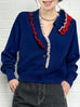 Royal Blue Ruffles Collar Boxy V-Neck Woollen Cashmere Cardigan