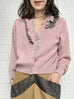 Misty Pink Ruffles Collar Boxy V-Neck Woollen Cashmere Cardigan