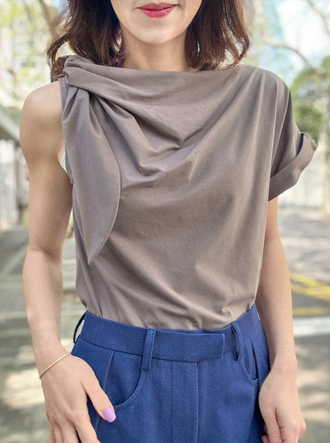 Taupe Grey Asymmetric Tie Knot Detail Boat Neck Tee
