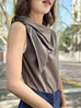 Taupe Grey Asymmetric Tie Knot Detail Boat Neck Tee