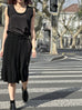 Black Pleated Detail Satin Patch Knee-length Skirt