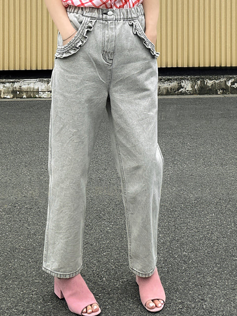 Washed Greyish White Ruffled Pocket Straight Leg Jean