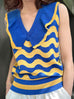Blue/ Yellow Contrast Wavey Ruffle Collar Summer Knit Top