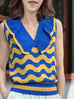 Blue/ Yellow Contrast Wavey Ruffle Collar Summer Knit Top