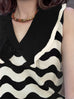 Black/ Ivory Contrast Wavey Ruffle Collar Summer Knit Top