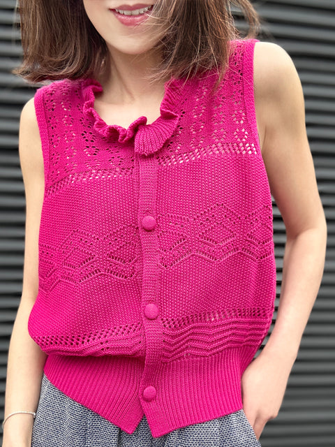 Hot Pink Ruffle Collar Pattern-stitched Button Front Vest