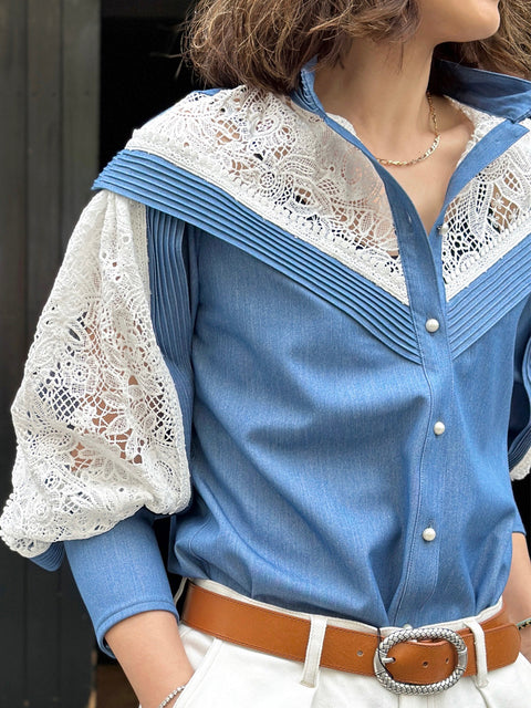 Last Chance! Petrol Blue Embroidered Lace Sleeve Trimmed Blouse