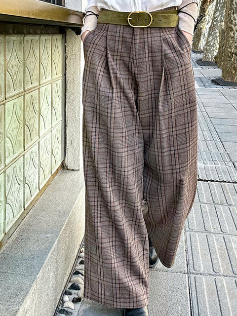 Classic Tartan Pleated Front Wide Leg Trousers