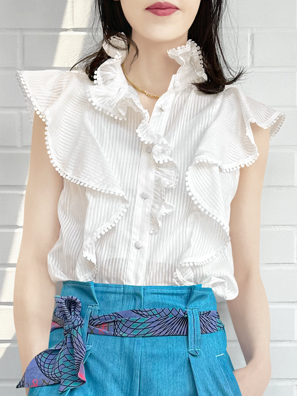 Last Chance! White Striped Lace Dotty Trim Ruffle Button-Up Top