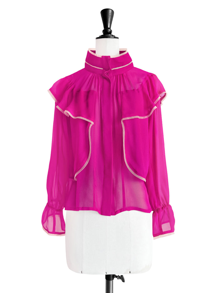 New Colour! Hot Pink Mesh Trim Stand Collar Silky Blouse