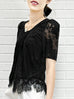 Classy Black Floral Lace Pleat Collar Peplum Blouse