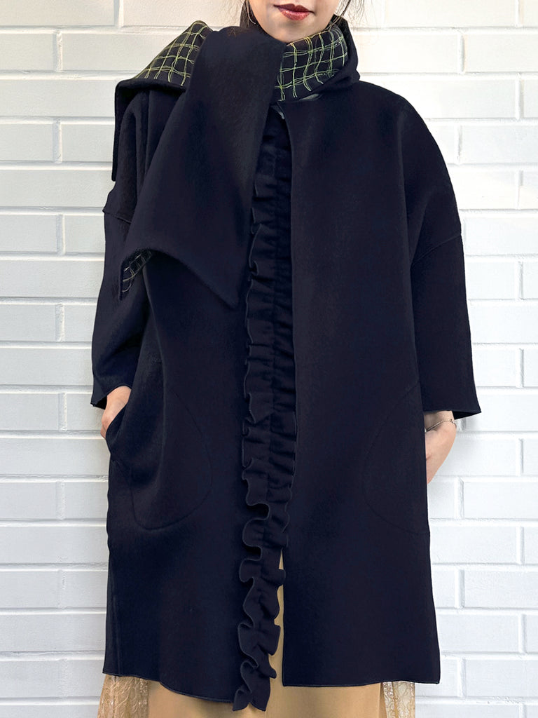 Dark Navy Ruffled Cashmere Luxury Cocoon Coat with Matching Scarf
