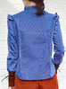 Blue Striped Patch Knitted Tie Cuffs Ruffle Blouse