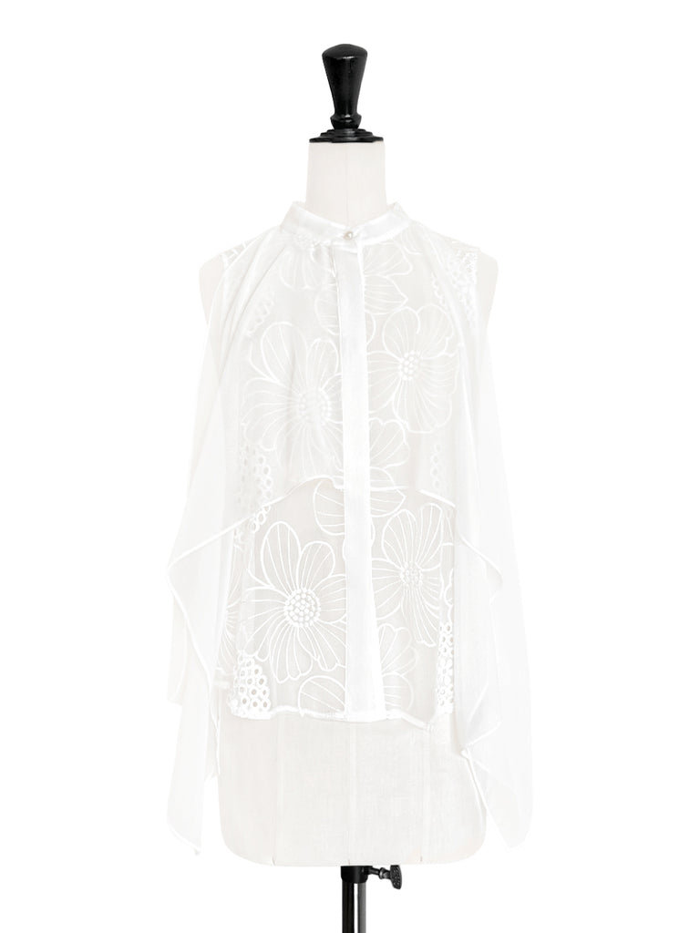 Last Chance! White Silky Cape Front Lace Sleeveless Longline Shirt