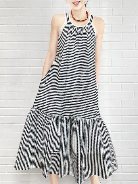 Mono Striped Lace Halter Neck Cross-back Maxi Dress