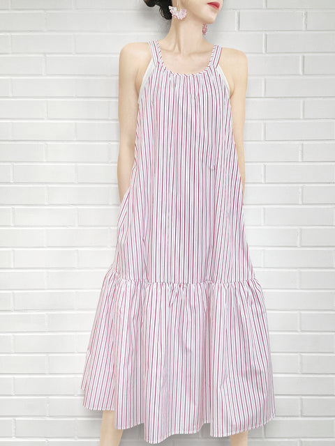 Surprise Sale! Red Striped Cotton Halter Neck Cross-back Maxi Dress