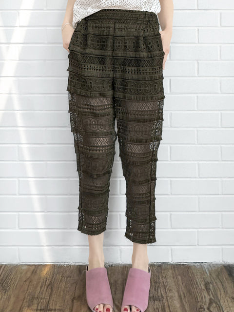 Last Chance! Olive Green Lace Pull-on Tapered Ankle Trousers