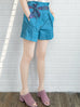 Crystal Teal Contrast Stitch Pleated Waist Belted Shorts