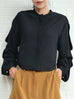Black Pleated Pearly Buttons Slit Sleeves Cropped Blouse