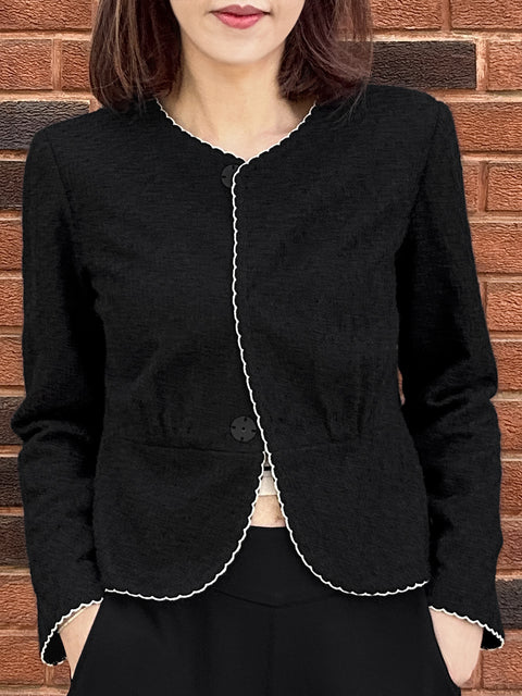 Textured Black Scallop Stitched Trim Peplum Spring Jacket