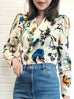 Floral Print Ruffled Collar Double Breasted Silky Shirt