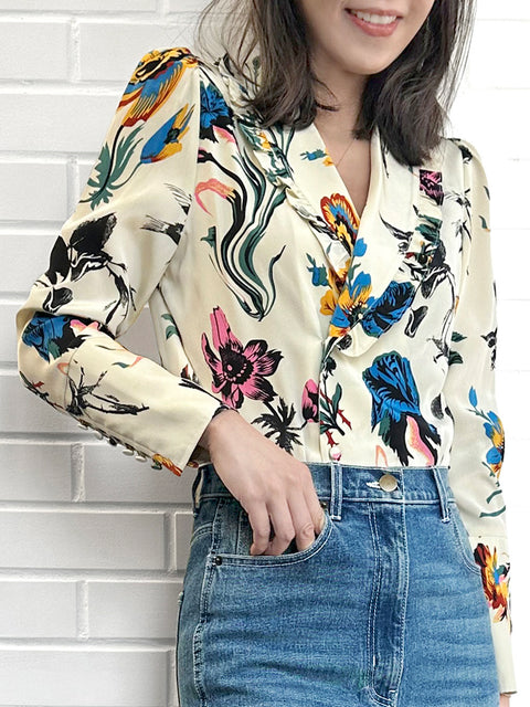 Floral Print Ruffled Collar Double Breasted Silky Shirt