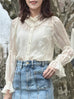 Ivory Check Pleated Collar Tiers Sleeve Silky Blouse