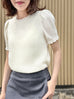 Ivory Knit Puffy Shoulder Ruffle Detail Short Sleeve Top