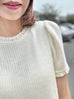 Ivory Knit Puffy Shoulder Ruffle Detail Short Sleeve Top