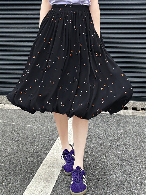 Black Print Elastic Waist Knee Length Balloon Skirt