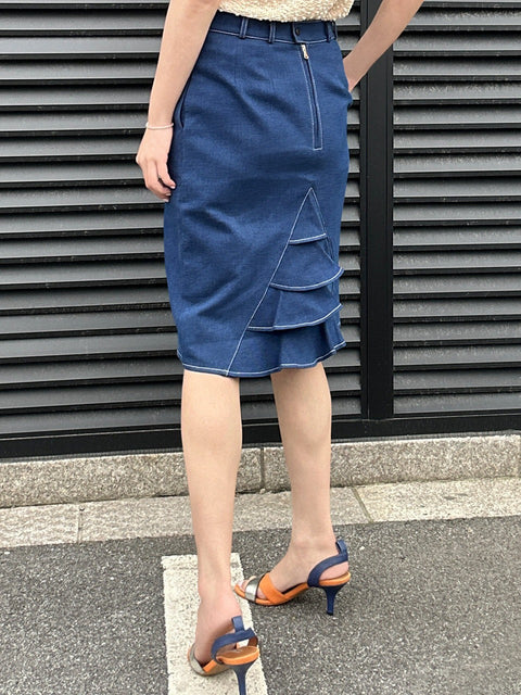 Retro Blue Denim Ruffled Back Knee Length Fitted Skirt