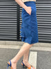 Retro Blue Denim Ruffled Back Knee Length Fitted Skirt