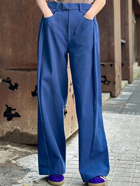 Denim Blue Pleat Front Detail Wide Leg Trousers