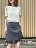 Black Denim A-line Side Pockets Lace Trim Short Skirt