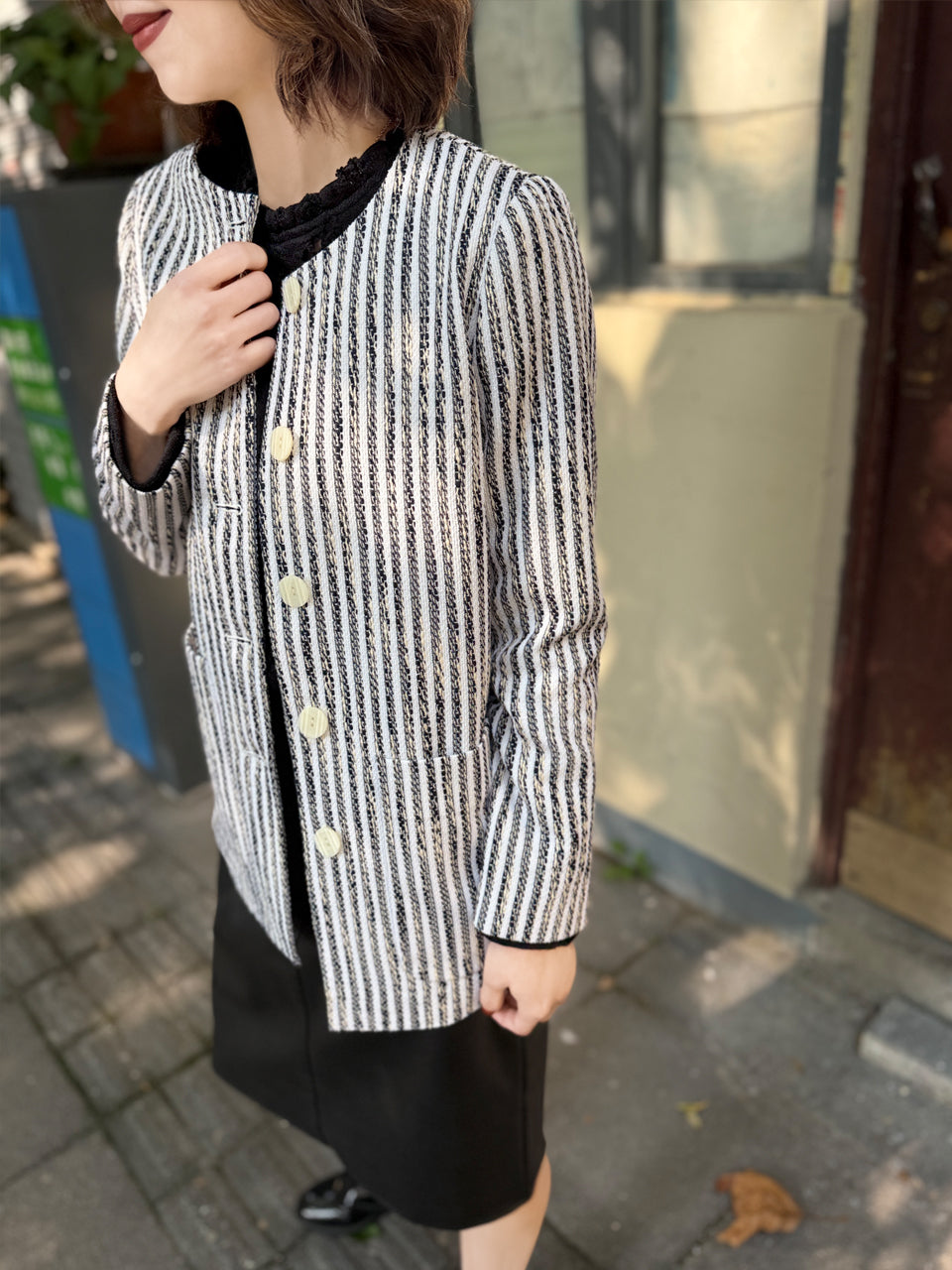 Final Sale! Textured Stripes Button Front Collarless Mid-length 