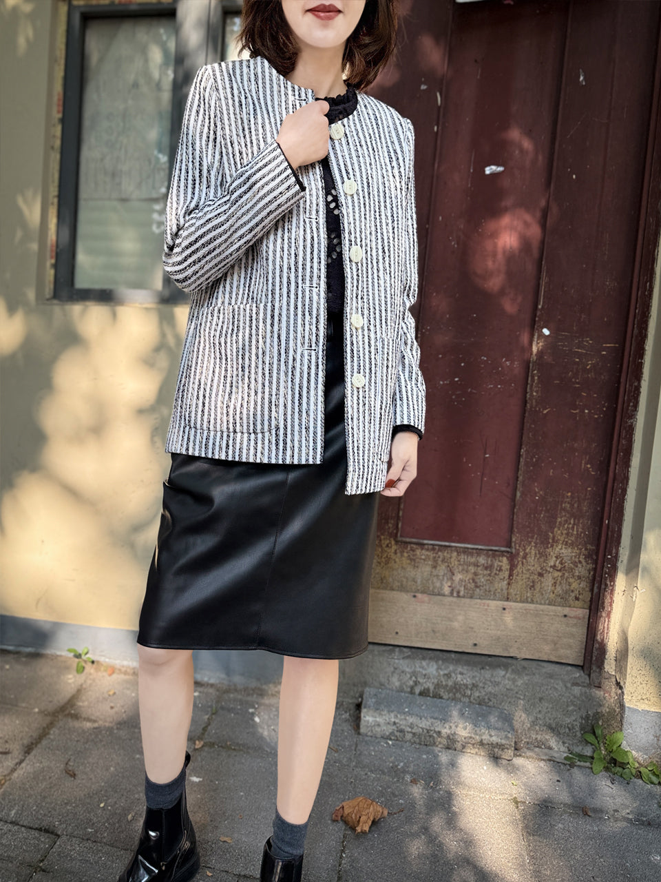 Final Sale! Textured Stripes Button Front Collarless Mid-length 