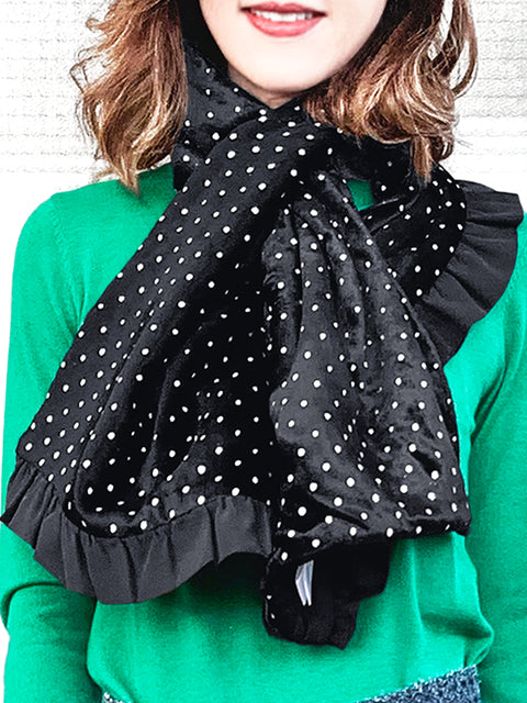 Surprise Sale! Reversible Velvet Dots & Embossed Houndstooth Ruffle Trim Pull Through Scarf