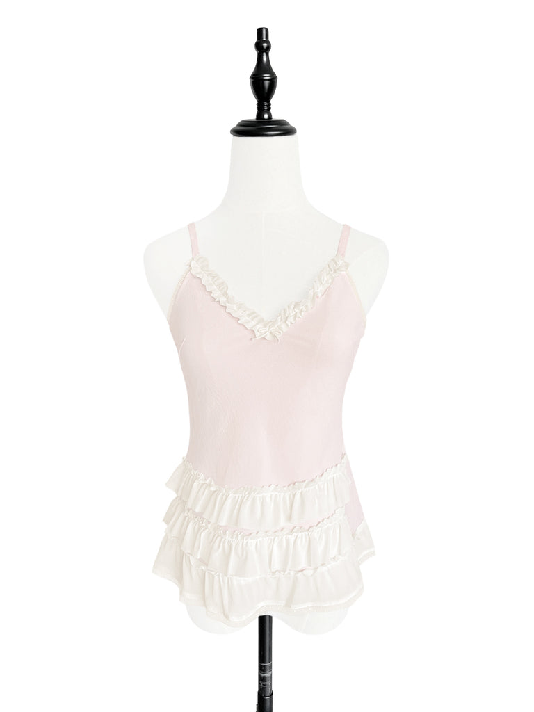 Light Pink Strappy Ruffle Camisole Silk Top