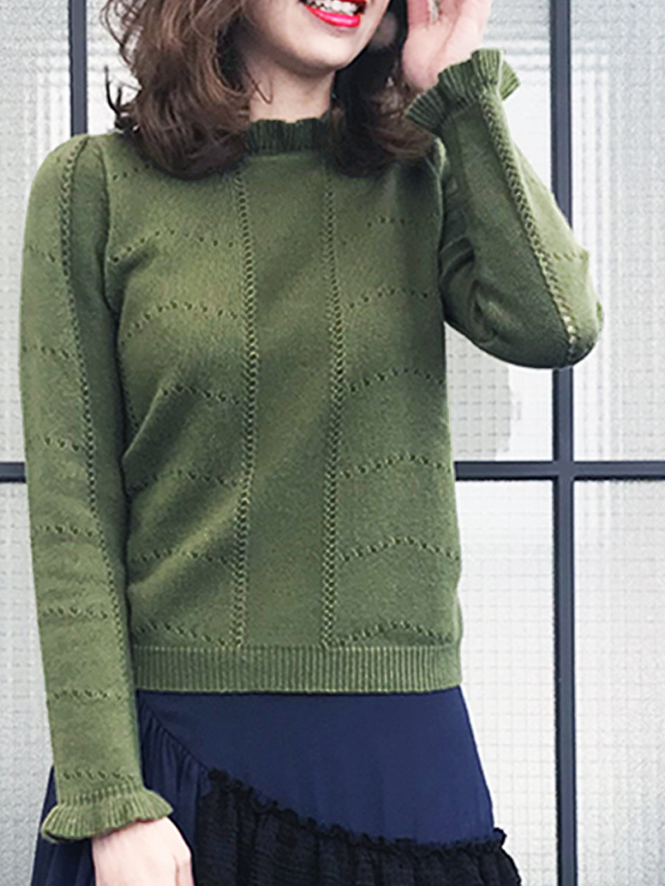 Cashmere Sale! Olive Green Frill Neck Double Stitch Cashmere Sweater