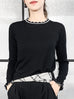 Surprise Sale! Black Scallop Collar Contrast Trim Cashmere Wool Blend Sweater