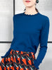 Surprise Sale! Blue Scallop Collar Contrast Trim Cashmere Wool Blend Sweater