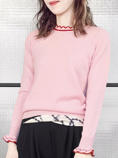 最後的機會！ Pinky 扇貝領撞色飾邊羊絨羊毛混紡毛衣