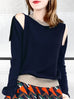 Surprise Sale! Navy Colourblock Scallop Collar Cold-Shoulder Cashmere Blend Sweater