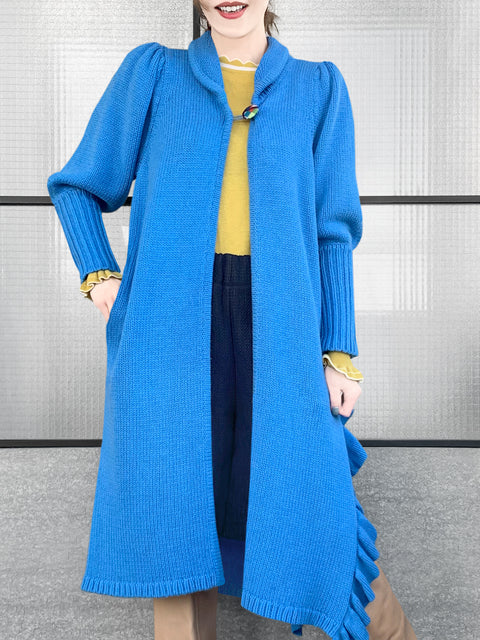 Surprise Sale! Blue Wool & Cashmere Ruffle Slit Longline Cardigan
