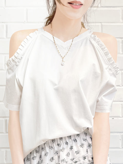 Last Chance! White Ruffle Off the Shoulder Cotton Blend Tee