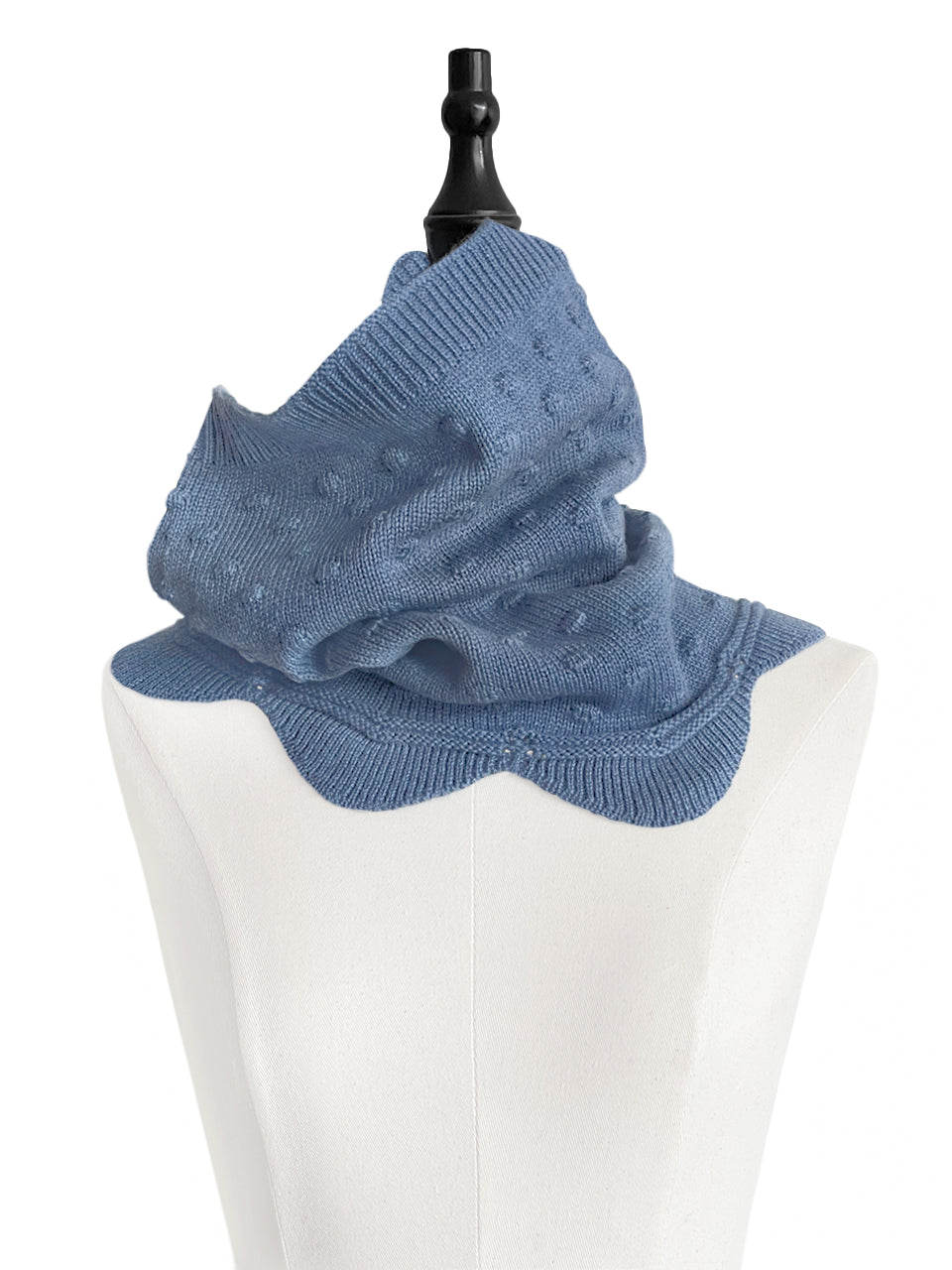 Mid-blue Popcorn Stitch Scalloped Cashmere Wool Blend Snood